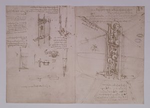 垂直に立っている鳥の翼のフライングマシン、fol。 Paris Manuscript Bの80r、1488-90（紙にペンとインク） 作： Leonardo da Vinci